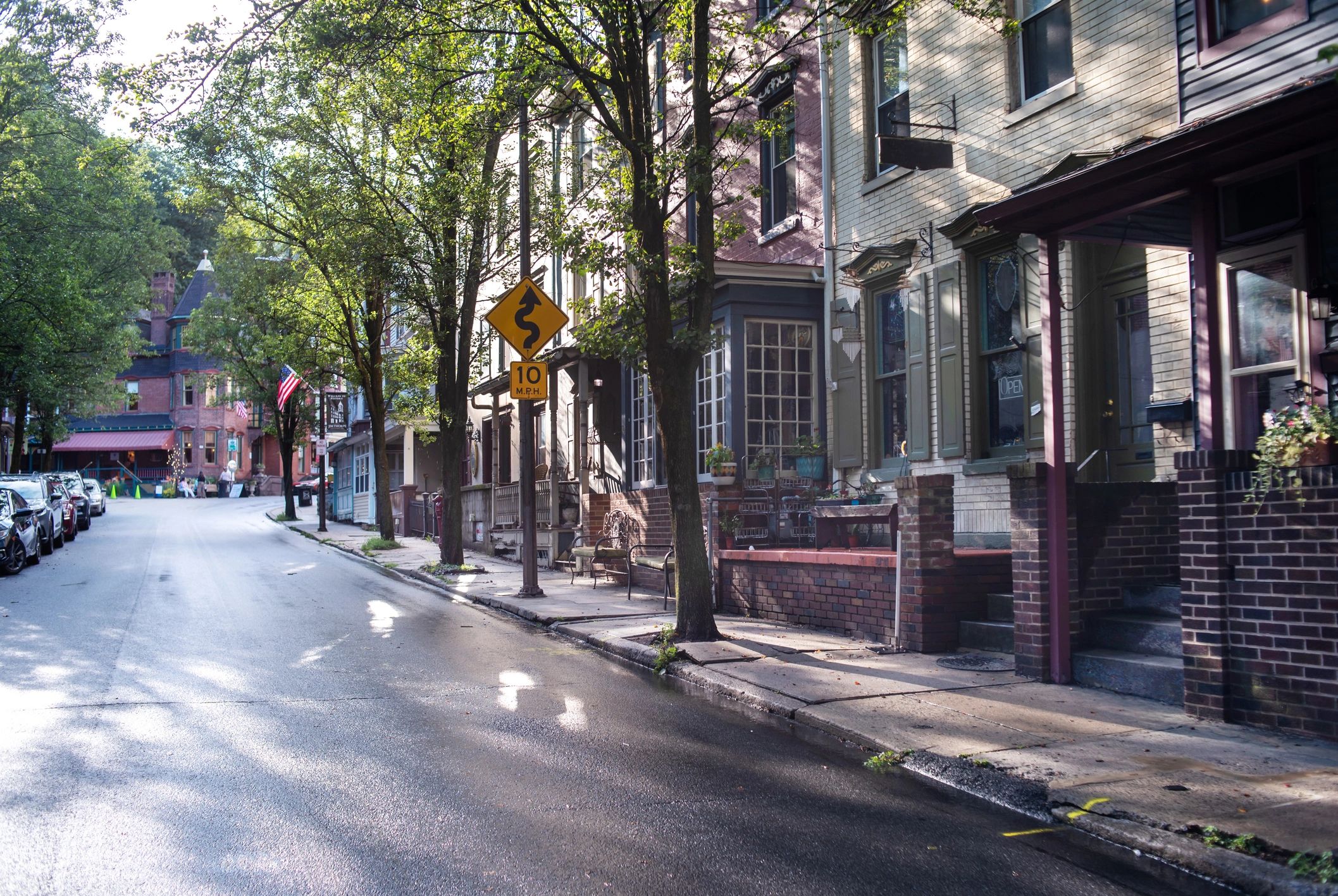 Tree-lined neighborhood street with historic homes