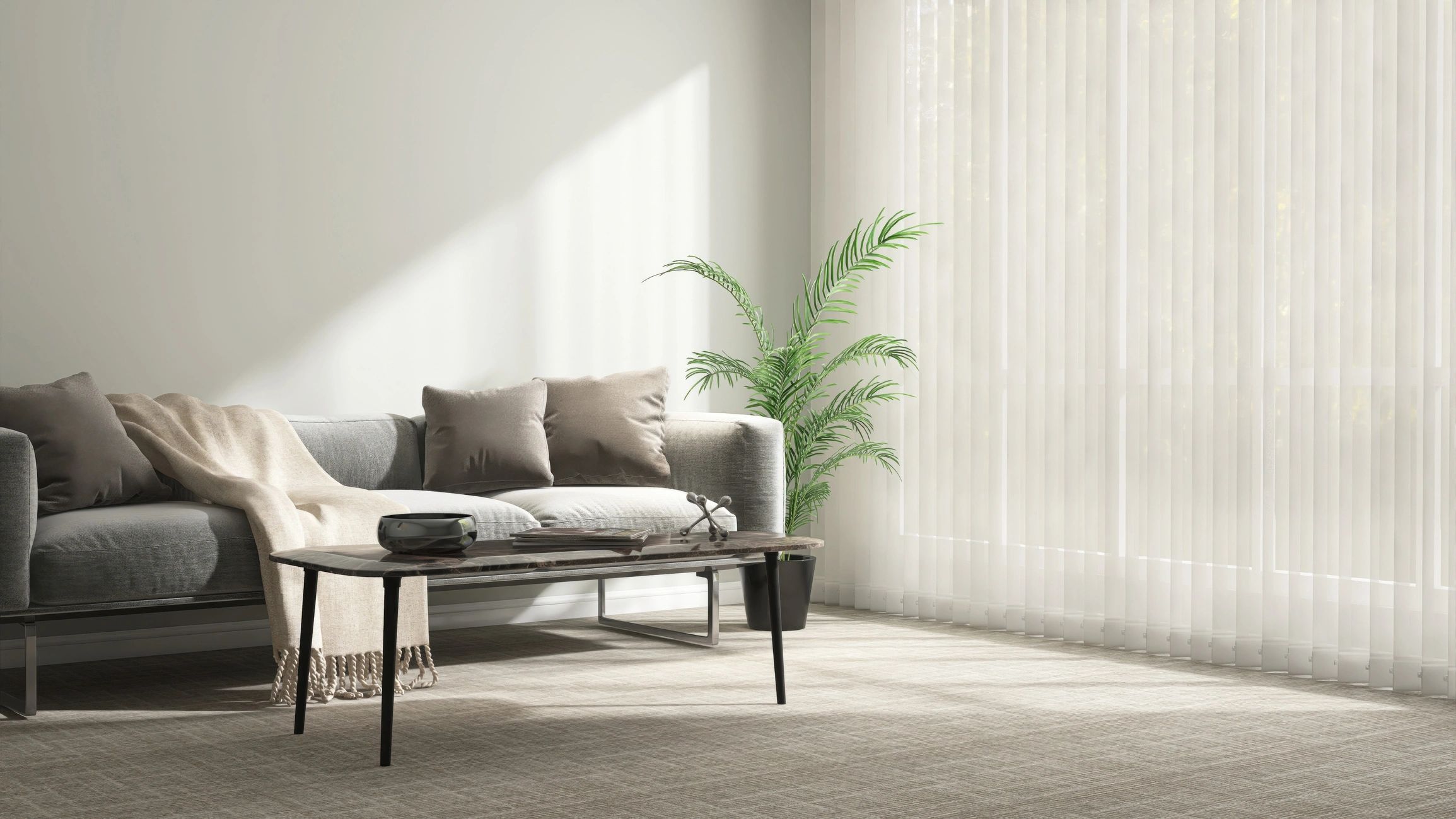 Modern staged living room with neutral tones